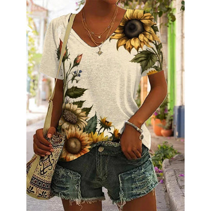 Women's Fashion V-neck Short Sleeve T-shirt 3D Digital Printing Short Sleeve T-shirt