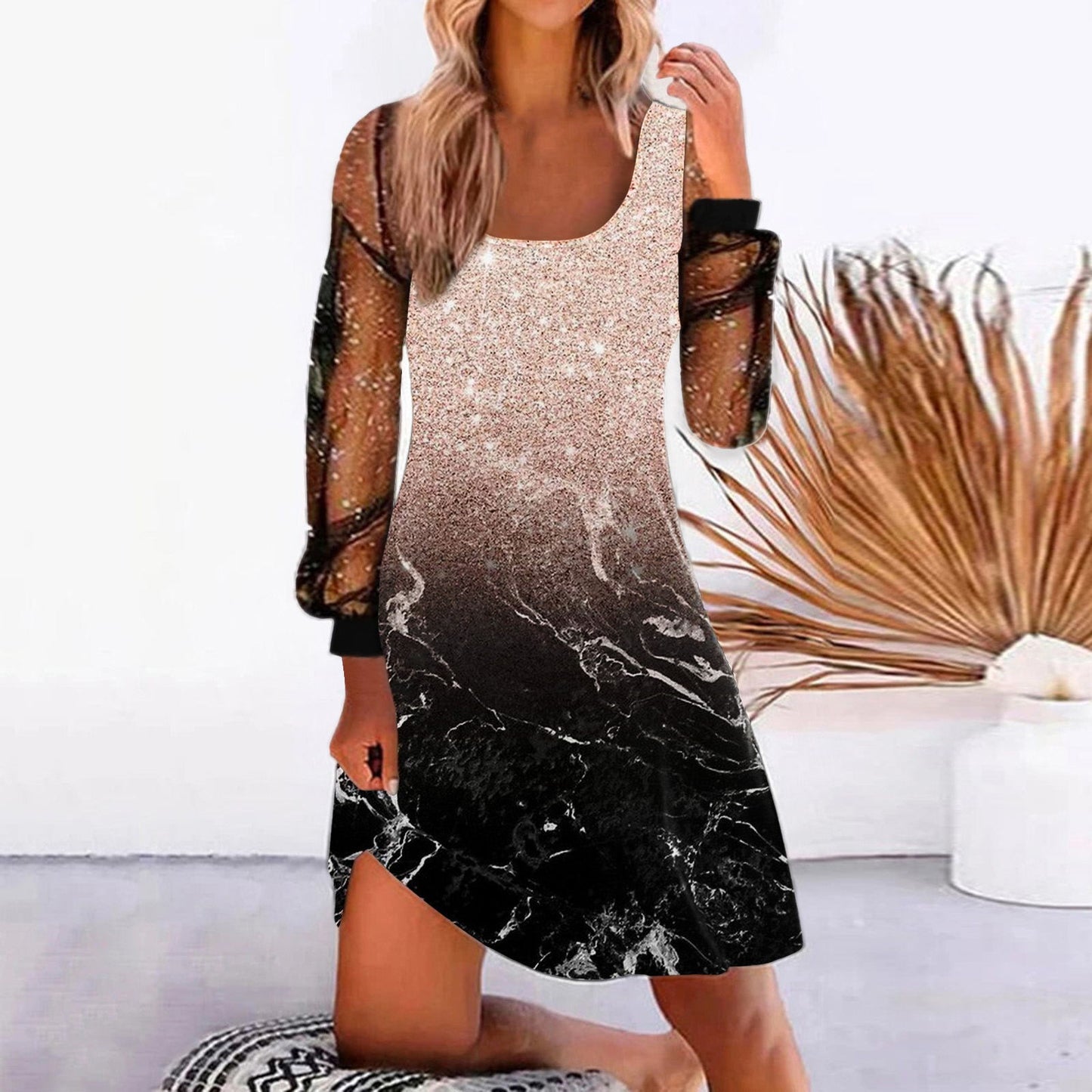 Women's Printed Stitching Mesh Dress