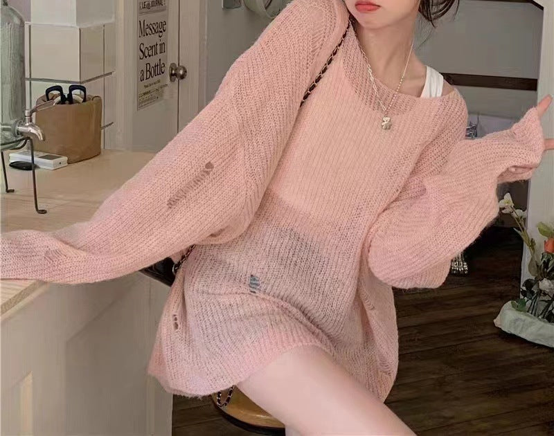 Loose And Lazy Style Ripped Hollow-out Knitted Blouse Female