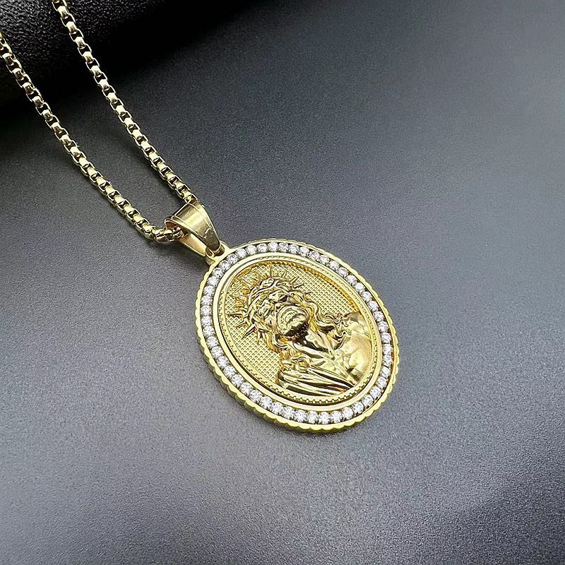 Stainless Steel Casting Vacuum Gold-plated Zircon Jesus Pendant Necklace