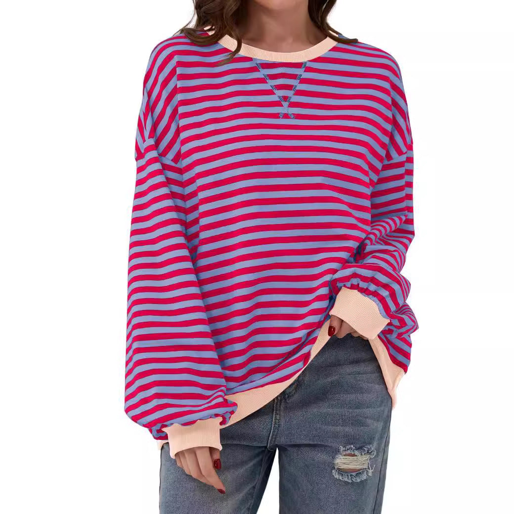 Simple Home Striped Pattern Round Neck Top