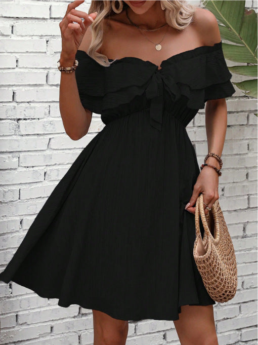 Solid Color Off-the-shoulder Knot Front Ruffled Dress