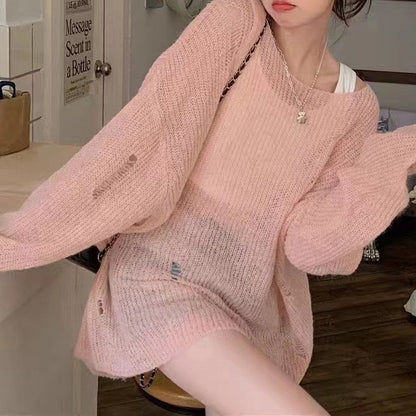 Loose And Lazy Style Ripped Hollow-out Knitted Blouse Female