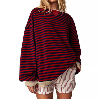 Women's Striped Embroidered Stitching Color-inserted Pullover Sweater