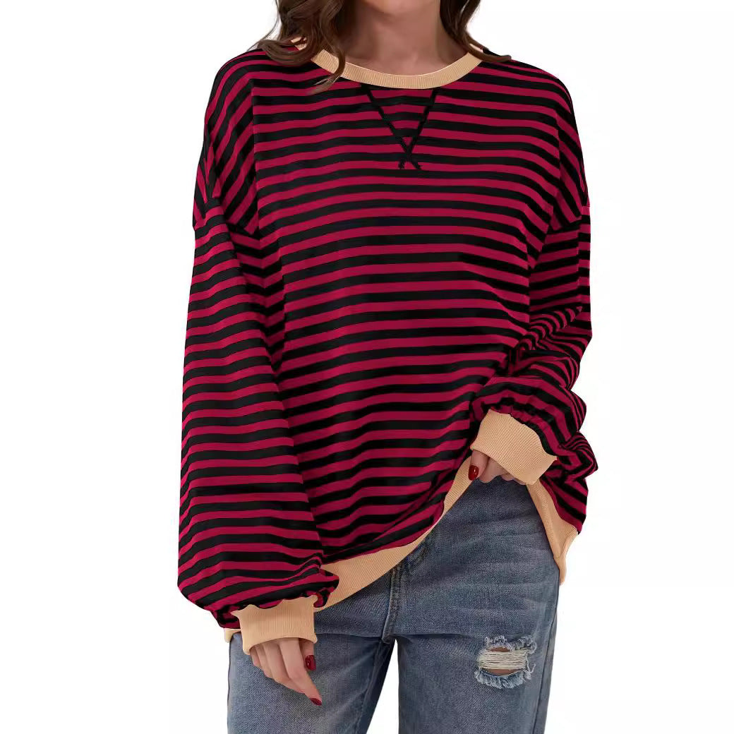 Simple Home Striped Pattern Round Neck Top