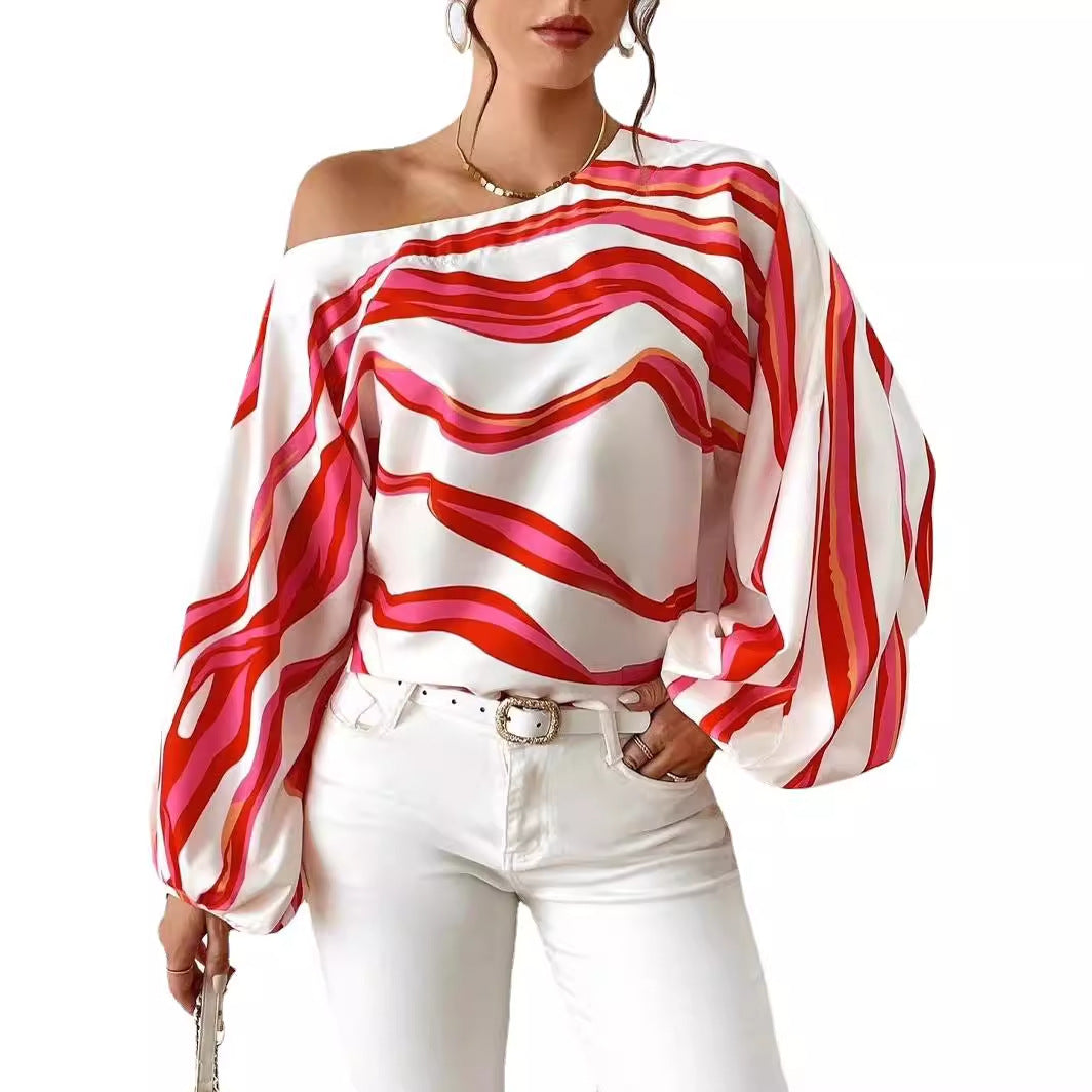 Off-neck Printed Loose-fitting Women's Shirt