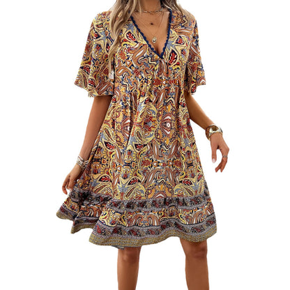 Spring And Summer Vacation Leisure Printed V-neck Dress