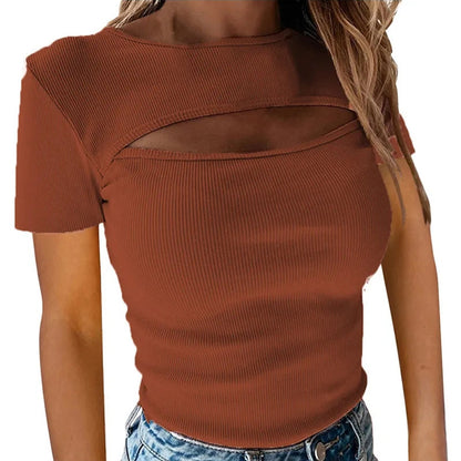 Sexy Chest Hollow-out Short Sleeve Ribbed Top