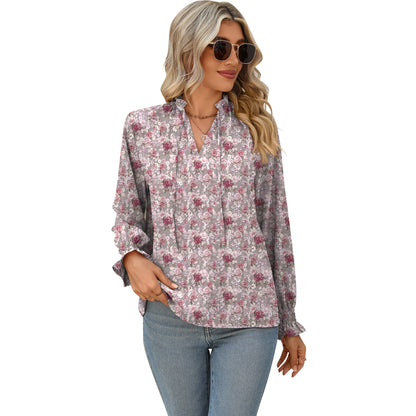 Women's V-neck Lace-up Printed Shirt Top