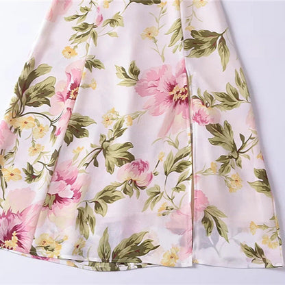 French Retro Flower Floral Print Slit Suspender Skirt Summer Tight Waist Slim Fit