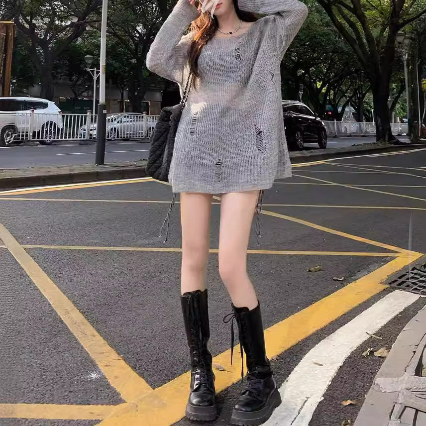 Loose And Lazy Style Ripped Hollow-out Knitted Blouse Female