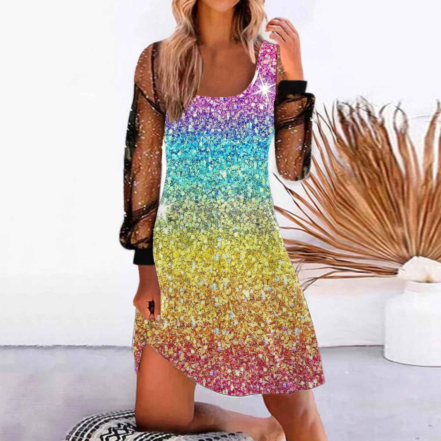 Women's Printed Stitching Mesh Dress