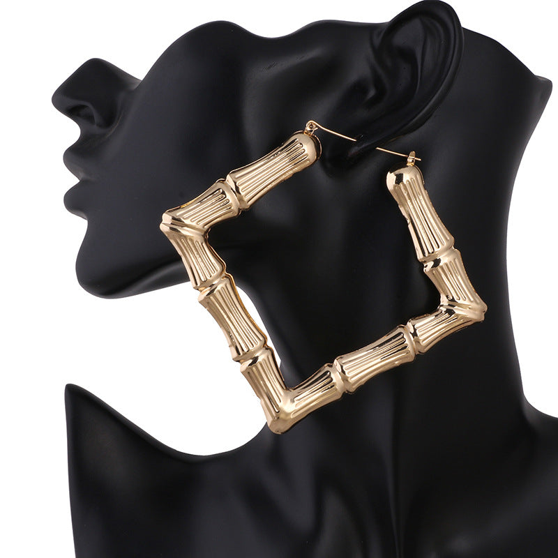 European And American Shaped Exaggerated Large Square Golden Bamboo Earrings