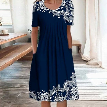 Printed Round Neck Short Sleeve Plus Size Printed Dress