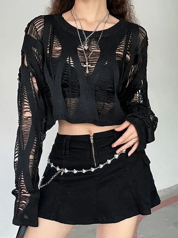 Women's Hot Girl See-through Ripped Pullover Sweater