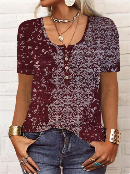 Summer Loose Short Sleeves Geometric Floral U-neck Button T-shirt