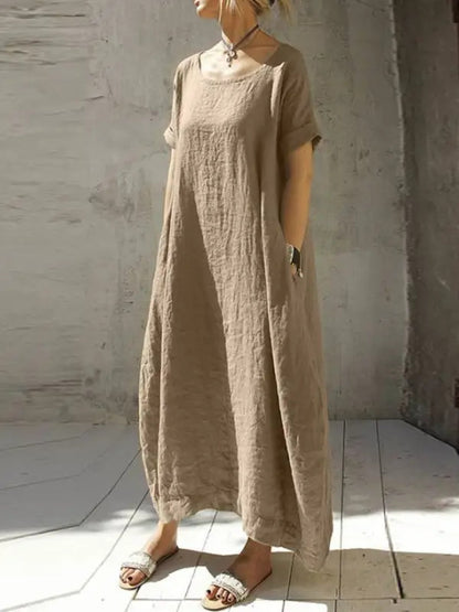Women's Cotton And Linen Solid Color Round Neck Short Sleeves Waist Dress