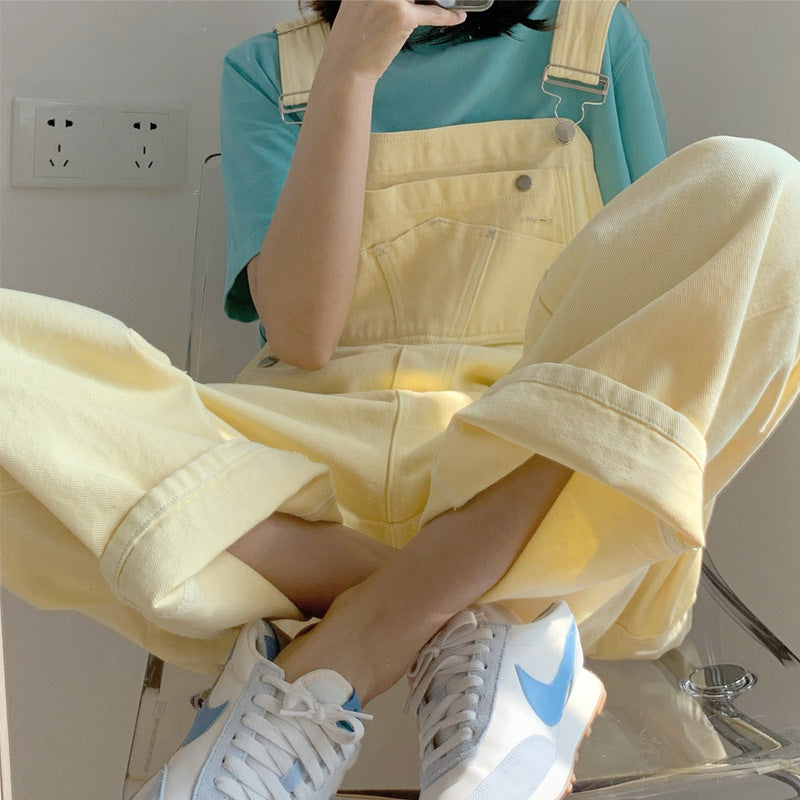 Japanese Style Yellow Suspender Pants For Women