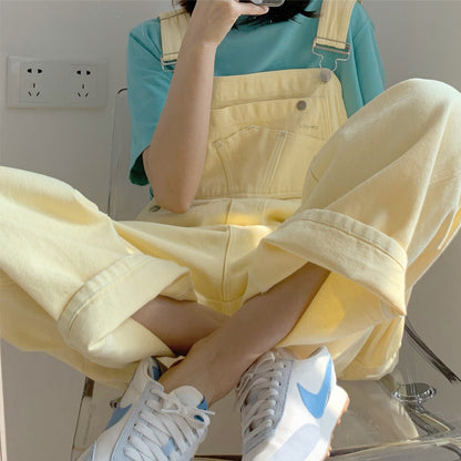 Japanese Style Yellow Suspender Pants For Women