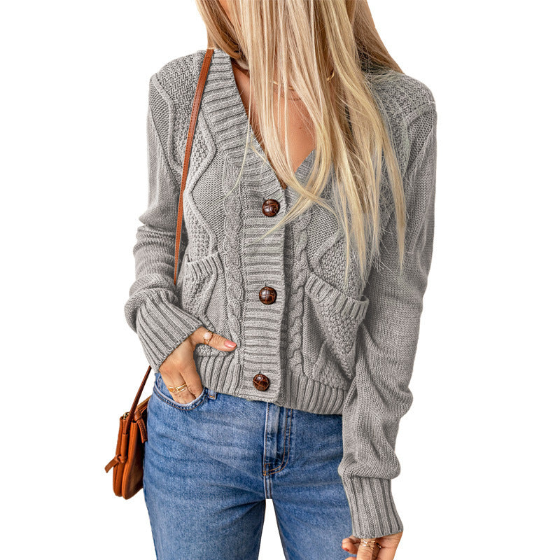 Summer Solid Color Knitted Cardigan Pocket Button Texture Long Sleeve