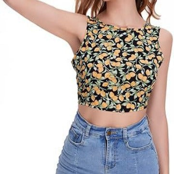 Women Bohemian Sleeveless Backless Lace-up Full Body Print Cropped Tank Top