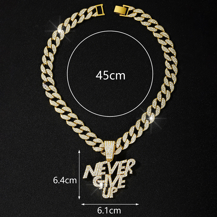 Alloy Letter NEVE RGIVE UP Pendant Full Diamond Necklace