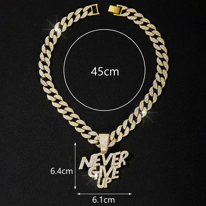 Alloy Letter NEVE RGIVE UP Pendant Full Diamond Necklace