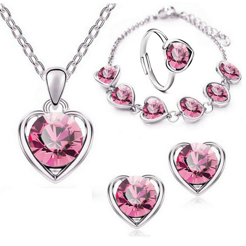 Fashion Crystal Heart Heart Necklace Earrings Ring Bracelet Four Piece Set