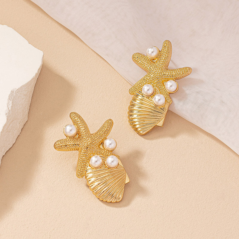 Beach Style Starfish Shell Earrings Female Vintage Pearl Ear Studs