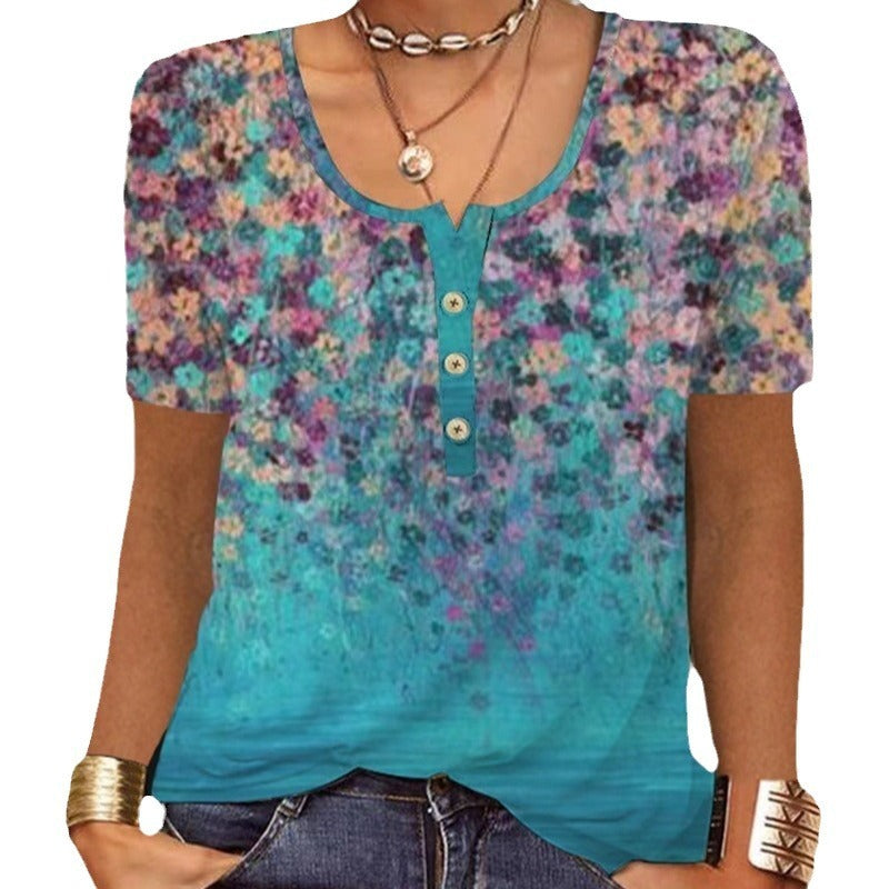 Summer Loose Short Sleeves Geometric Floral U-neck Button T-shirt