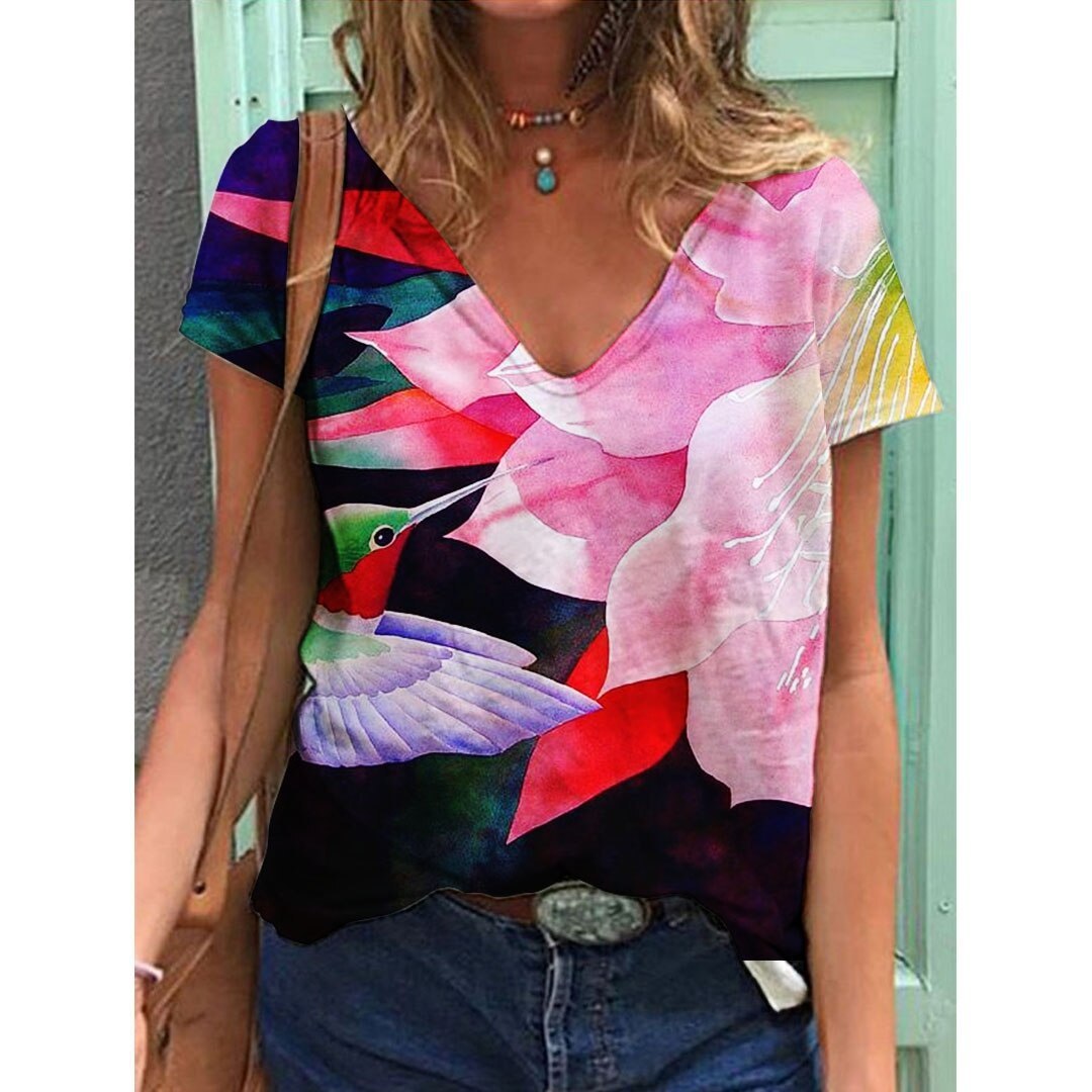 Women's Printed Short-sleeved T-shirt V-neck Loose Top