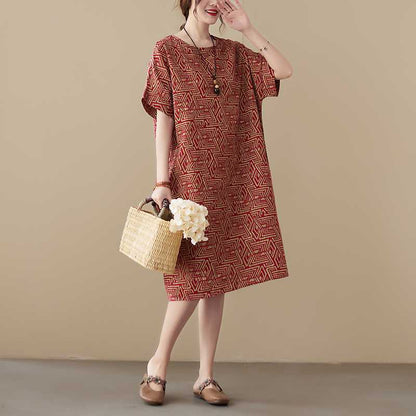 Thin Cotton Cable Loose-fitting Short Sleeve Over The Knee Dress