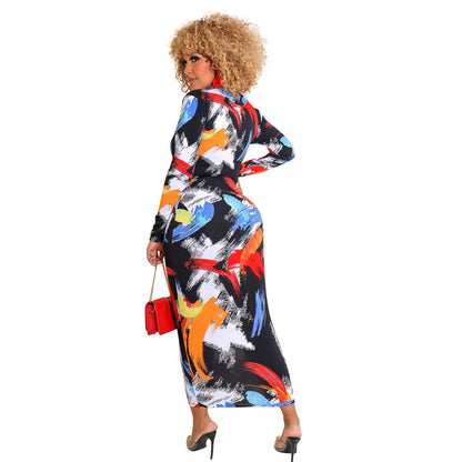 Printed Zipper Double-sided Long Sleeve Dress