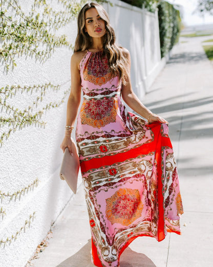 Retro Exotic Style Printed Dress Bohemian Halter Beach Dress Women