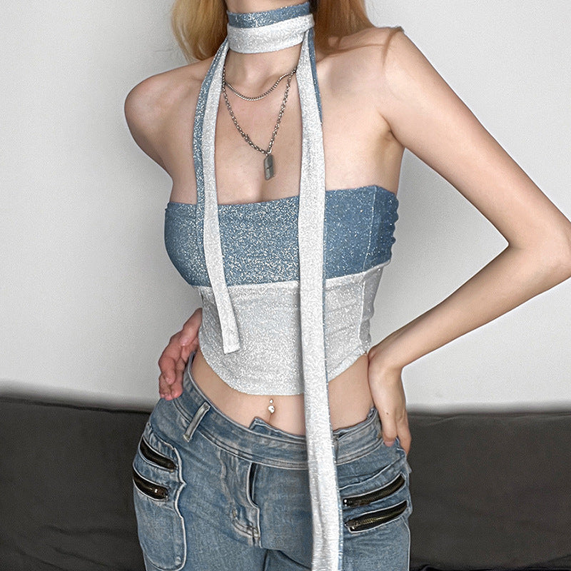 Off-shoulder Slim Fit Midriff-baring Colorblock All-matching Vest