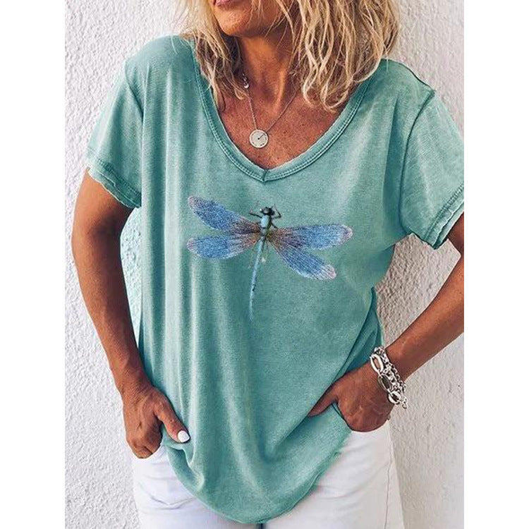 Dragonfly Printed V-neck Short Sleeve Women