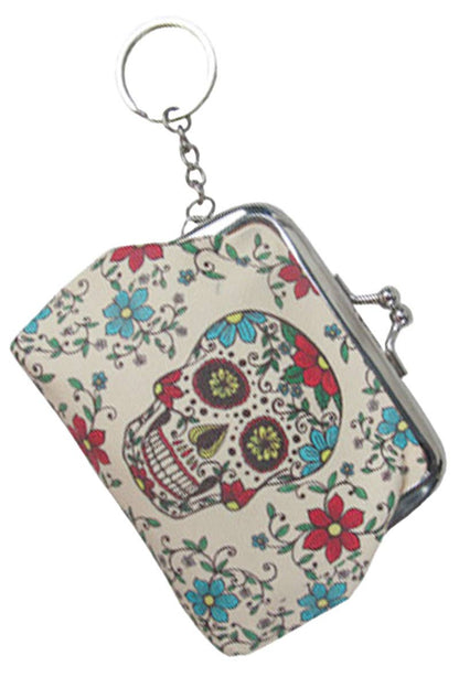 Cap Zone - Sugar Skull Print PU Kiss-Lock Coin Pouch Bag