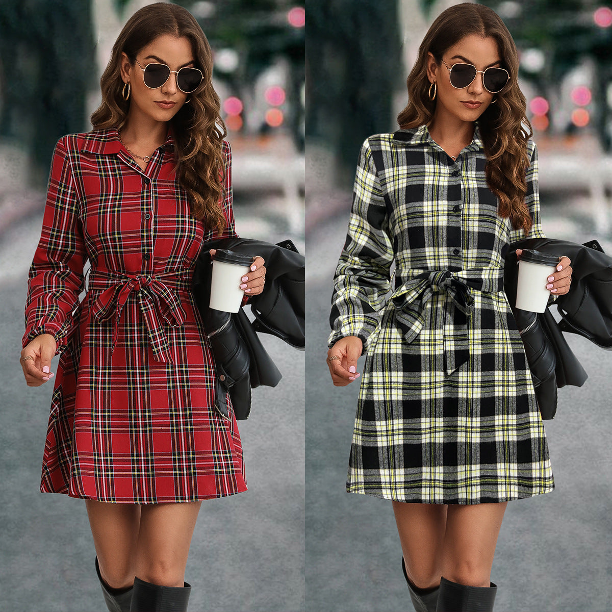 Women's Lantern Sleeve Plaid Shirt Dress