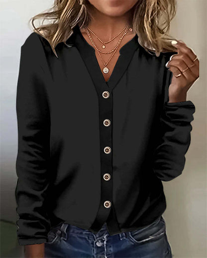 Women's Fashion Casual V-neck Breasted Long Sleeve Top