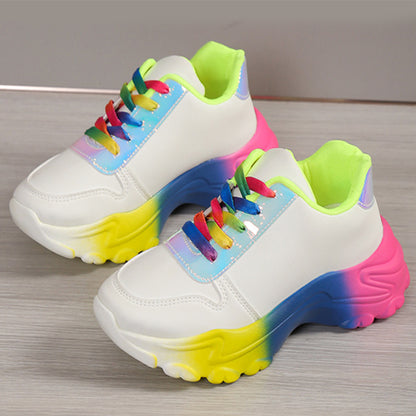 INS Style Rainbow Color Sports Shoes For Women Thick Bottom Lace-up Sneakers Fashion Casual Lightweight Running Walking Shoes