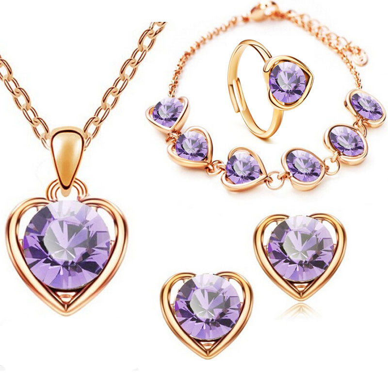 Fashion Crystal Heart Heart Necklace Earrings Ring Bracelet Four Piece Set