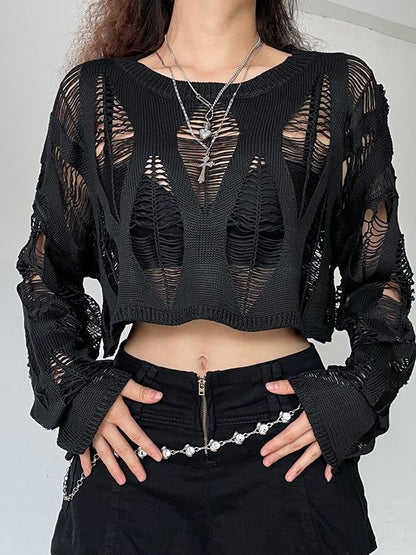 Women's Hot Girl See-through Ripped Pullover Sweater