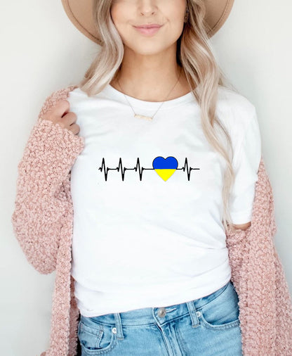 European And American Fashion Tops-shaped Blue And Yellow Heart Printed Round Neck Short Sleeve