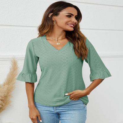 34 Flare Sleeve V-neck Casual Loose-fitting T-shirt Top Women