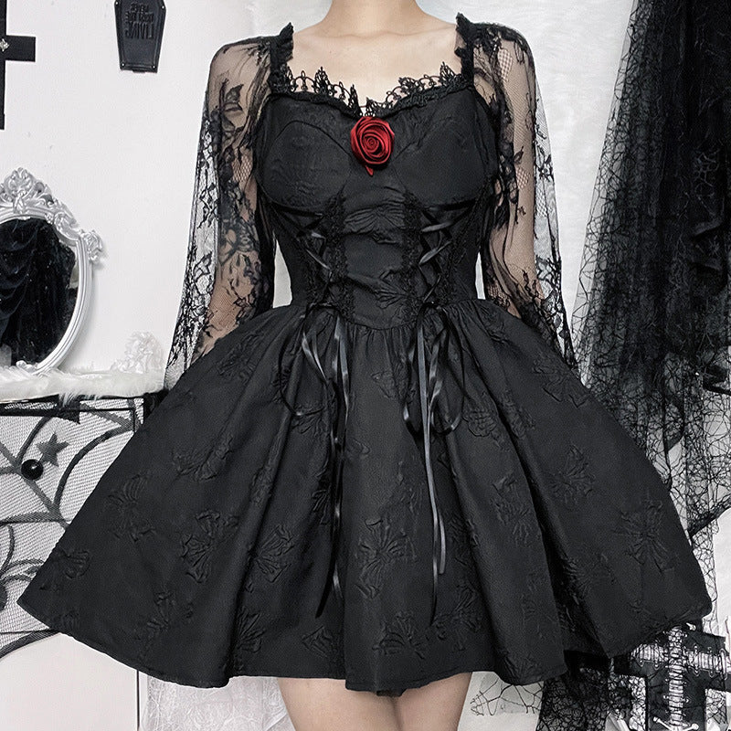 Dark Design Princess Slimming Three-dimensional Flower Lace Long Sleeve Temperament Dress