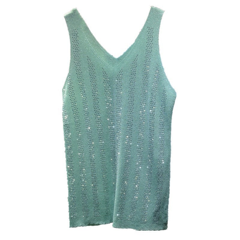 Ice Silk Silver String V-neck Knitted Vest