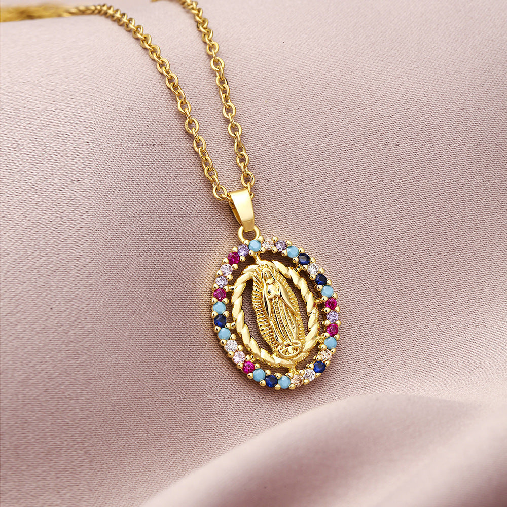 European And American Color Zircon Virgin Mary Pendant Necklace For Women