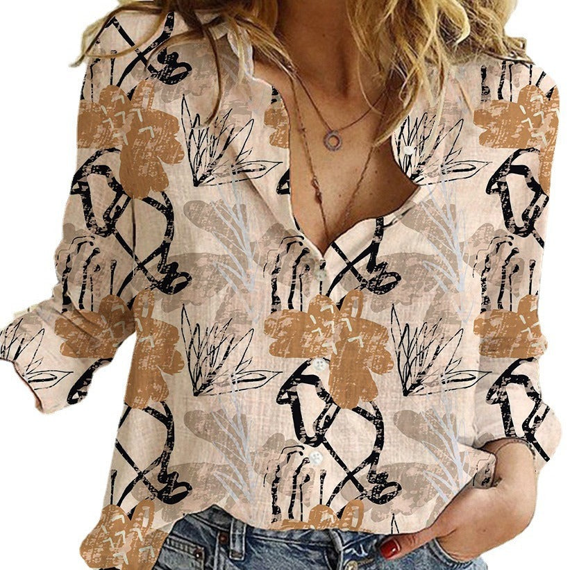 Women's Digital Printing Lapel Long Sleeve Shirt