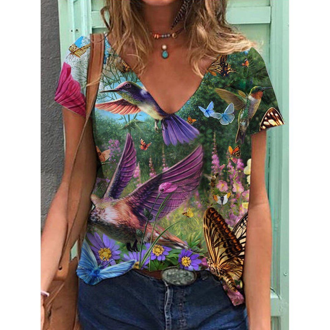 Women's Printed Short-sleeved T-shirt V-neck Loose Top