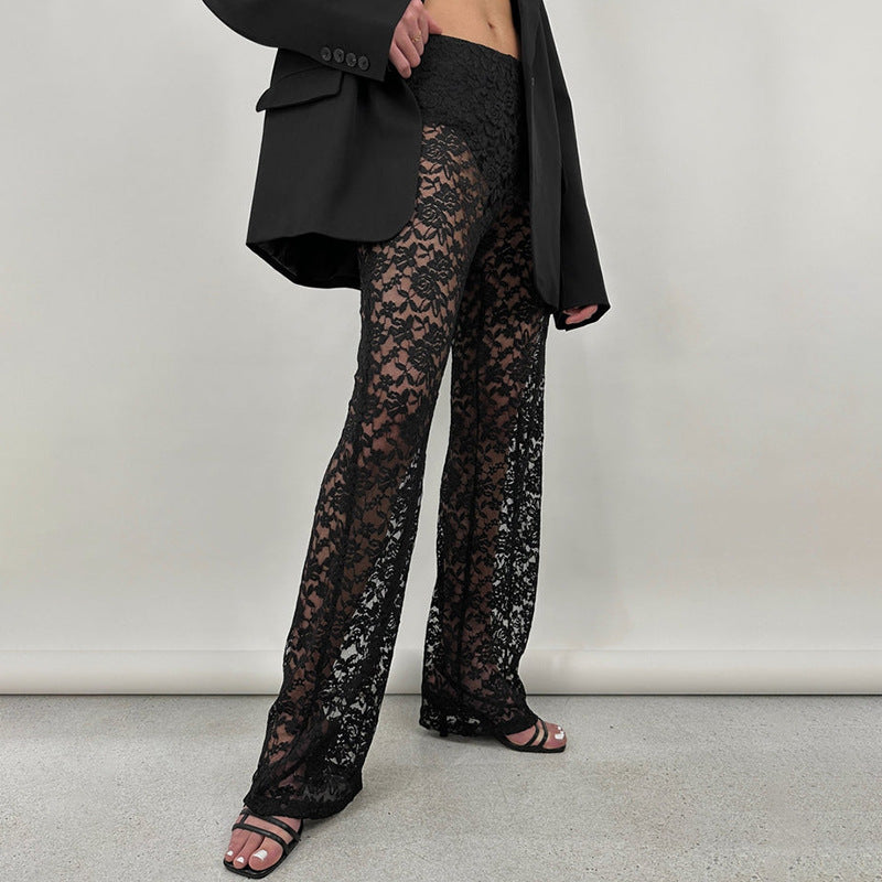 Summer Lace See-through High Waist Stitching Long Straight-leg Pants